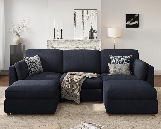 Oversized Modular Sectional Sofa U-Shaped Cloud Couches Blue | 116'' Deep Seat Couch for Living Room, 5-Seater Luxury Corner sofa with Ottoman, Solid Wood Frame, Removable Washable Cover