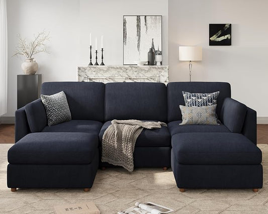 Oversized Modular Sectional Sofa U-Shaped Cloud Couches Blue | 116'' Deep Seat Couch for Living Room, 5-Seater Luxury Corner sofa with Ottoman, Solid Wood Frame, Removable Washable Cover