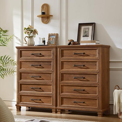 SAVOR LIFE Farmhouse 5 Drawer Dresser for Bedroom, 45” Tall Dressers & Chests of Drawers with Thickened Tabletop & Square Table Legs, Brown