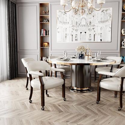LEEMTORIG Large Dining Chairs with Casters and Arms, Rolling Dining Chairs with Wheels, Accent Solid Wood Boss Caption's Chairs, 26" D x 25.2" W x 31.5" H, Espresso Legs & Ivory PU SY-318-WT