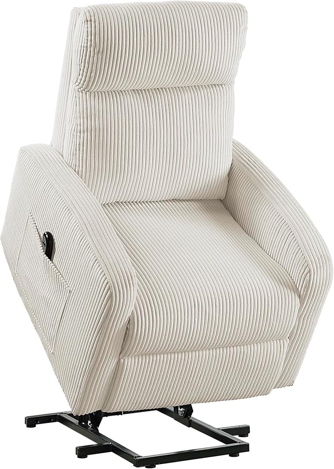 Lexicon Power Lift Recliner Chair for Elderly with Remote Control, Gentle Lift Motion, Side Pocket Armrest, Corduroy Upholstered Electric Recliner for Living Room/Bedroom, Easy Assembly, Beige