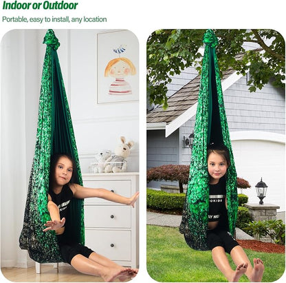 Sensory Swing for Kids & Adults Holds up to 300lbs Indoor & Outdoor Double Layer Therapy Cuddle Swing with 360° Swivel Hanger Kit for Calming, Effect for Autism, ADHD or SPD. (Crystal Green)