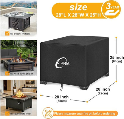 Kipiea Square Fire Pit Cover, Upgraded 600D Strong Tear Resistant, 28" L x 28" W x 25" H Super Waterproof Fire Pit Table Cover, UPF 50+ Outdoor Firepit Cover Square Fading Resistant