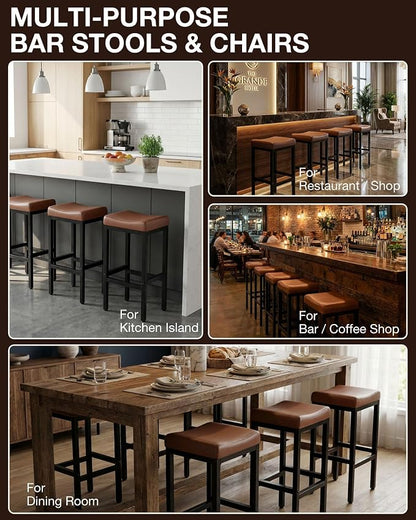 Bar Stools Set of 3-24 Inch Counter Height Chairs for Kitchen Island, Leather Seat with 400 LBS Heavy-Duty Metal Frame and Adjustable Feet, Easy to Assemble for Bar, Café or Dining Room,Brown