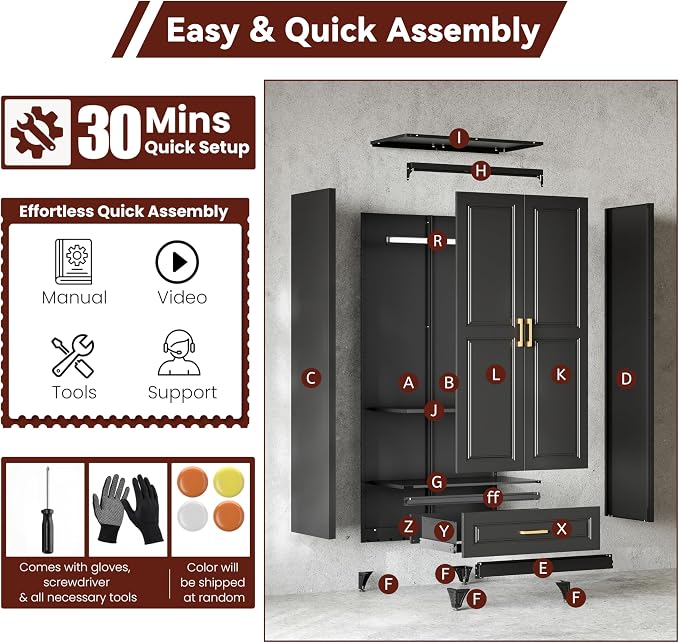 Metal Armoire Wardrobe Closet with Hanging Rod, 71" Tall Wardrobe Cabinet with Doors and Adjustable Shelves, Clothing Storage Cabinets with Drawer for Bedroom