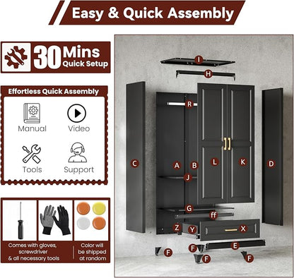 Metal Armoire Wardrobe Closet with Hanging Rod, 71" Tall Wardrobe Cabinet with Doors and Adjustable Shelves, Clothing Storage Cabinets with Drawer for Bedroom