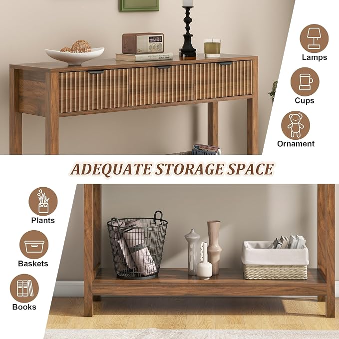 Nasonet Fluted Console Table, Wooden Sofa Table with Storage and Drawers, Farmhouse Behind Couch Table Entryway Table for Entrance, Hallway, Living Room, Brown