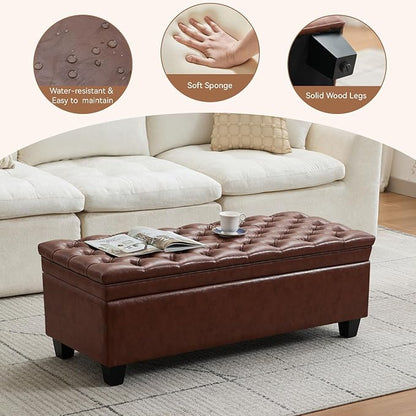 WUTUTUEE 50" Faux Leather Storage Ottoman Bench, Upholstered Rectangle End of Bed Storage Ottoman Tufted Living Room Bedroom Bench with Safety Hinge, Solid Wood Legs, Loads 500 lb(Brown)