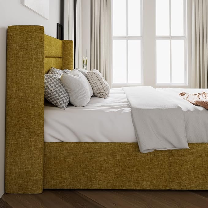 SHA CERLIN Full Size Lift Up Storage Bed/Modern Wingback Headboard/Upholstered Platform Bed Frame/Hydraulic Storage/No Box Spring Needed/Wood Slats Support/Olive Yellow