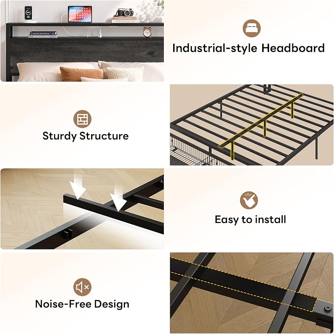 LIKIMIO Queen Bed Frame with 2 2-Tier Storage Headboard, Platform Bed with 2 Drawers and Charging Station, No Box Spring Needed, Easy Assembly, Charcoal Grey