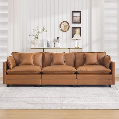 111'' Sectional Cloud Deep Seat Couch, Modern Comfy Leather Modular Sectional Sofa for Living Room Set, Upholstered Modular 3-Seats Sofa Couch, Leather Light Brown