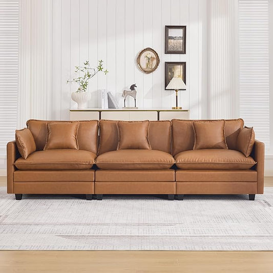 111'' Sectional Cloud Deep Seat Couch, Modern Comfy Leather Modular Sectional Sofa for Living Room Set, Upholstered Modular 3-Seats Sofa Couch, Leather Light Brown