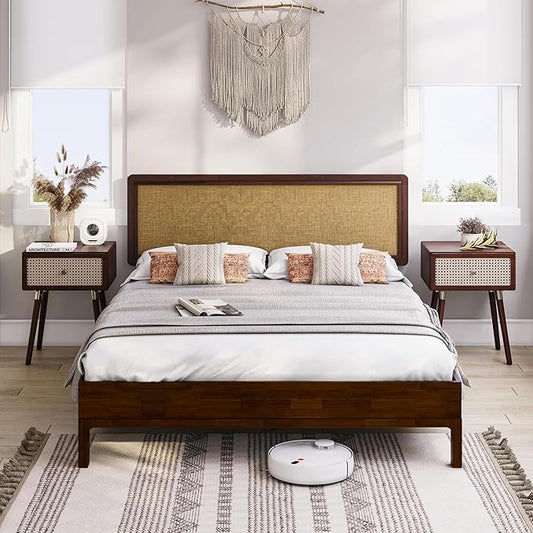Bme Nipe Queen 14 Inch Bohemian Bed Frame with Adjustable Woven Headboard - Rustic & Vintage Unique Style with Acacia Wood - No Box Spring Needed - Easy Assembly - Walnut