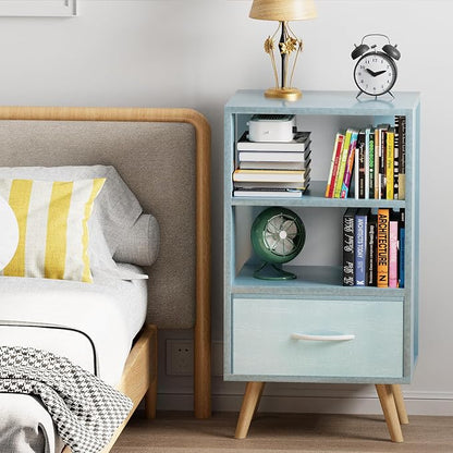 Aenuert Night Stand, Blue Nightstand with Drawer, Side Table with Open Storage, 3-Tier Modern End Table, Bedside Table for Small Space, Living Room, Bedroom