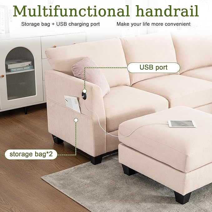 150.4" Large Sectional Couches for Living Room, 8 Seater L Shaped Modular Sectional Sofa with Storage Ottoman & USB, Oversized Corner Couch for Living Room（Beige）