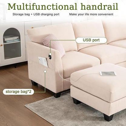 122.8" Large Sectional Couches for Living Room, 6 Seater L Shaped Modular Sectional Sofa with Two Storage Ottomans & USB, Oversized Corner Couch for Living Room（Beige）