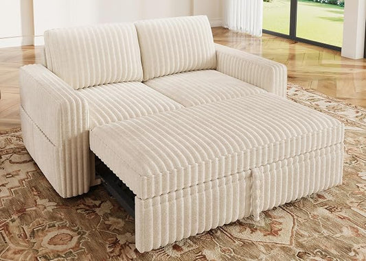 HONBAY Modular Pull Out Sofa Bed,Corduroy Loveseat, Couches for Living Room,Beige