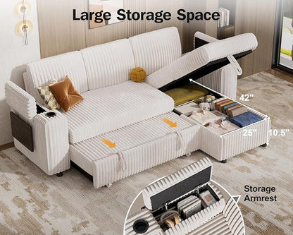 WEUP 86" Modular Sectional Sleeper Sofa with Pull Out Bed, 3 Seat Plush Corduroy L Shaped Couch with USB Ports|Cup Holders|Side Table|Storage Chaise Armrests, Tool Free Assembly, Beige