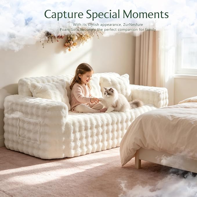 ZurNesfure Sofa Couch Cloud 3-Seater Memory Foam Couch with Pillow No Assembly Required, Modern Couch with Removable Washable Cover Boneless Sofas for Living Room Bedroom Apartment (White,3-Seater)