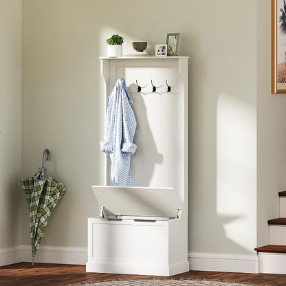 HOMCOM Hall Tree with Bench and Shoe Storage, 3-in-1 Entryway Bench with Coat Rack, 4 Hooks and Flip Top Storage Compartment, Cream White
