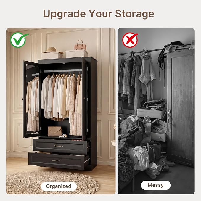 Gizoon Wood Wardrobe Closet with Full Length Mirror, Wooden Armoire with Hanging Rod & 2 Drawers, Bedroom Clothing Storage Cabinet, Anti-tip, Mirror Can Be Installed on Left/Right Door Freely, Black