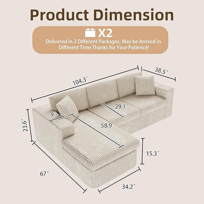 105" Boneless Couches for Living Room, L Shaped Modular Sectional Sofa Couch with Deep Seat, Cloud Foam Couch with Oversized Chaise, Plush Corduroy Sofa No Assembly Needed