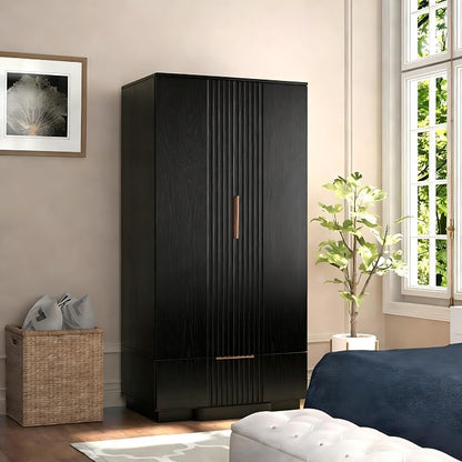 Brafab 67" Fluted Armoire Wardrobe Closet with Drawers and Doors, Wooden Wardrobe Cabinet with Adjustable Shelves, Modern Storage for Clothes, Coats for Bedroom,Black (1 pcs)