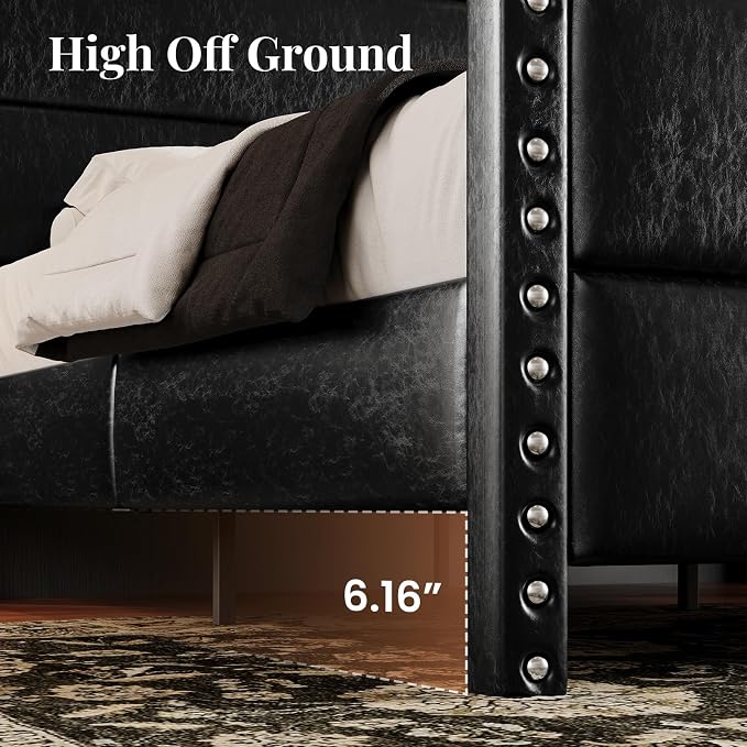 King Size Bed Frame with Storage Shelf & Charging Station, 55" Tall Headboard & 25.6" Footboard, Faux Leather Upholstered Platform Bed with Big Rivets Wingback, Heavy Duty & Noise-Free, Black