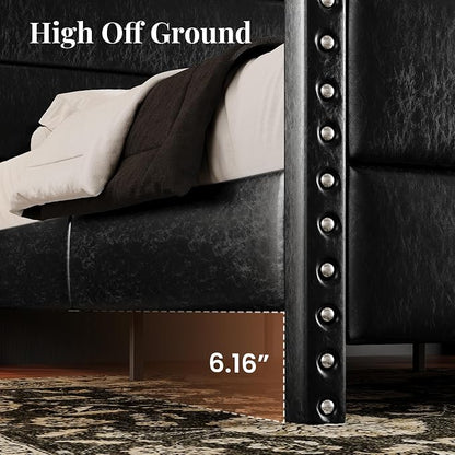 King Size Bed Frame with Storage Shelf & Charging Station, 55" Tall Headboard & 25.6" Footboard, Faux Leather Upholstered Platform Bed with Big Rivets Wingback, Heavy Duty & Noise-Free, Black