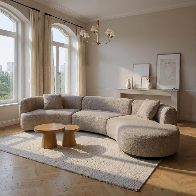 Acanva Formia Boucle Curved Sectional Sofa, 153" W Right Hand, Light Coffee | Modular Couch, Modern Minimalist, Wood Frame, For Living Room, Apartment, Home Office