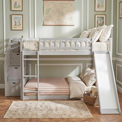RUNNA Full Over Full Bunk Bed, Staircase with Drawers, Slide, Ladder | full over full bunk bed, staircase with drawers, convertible slide and ladder, solid pine wood, guardrails, no box spring