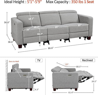 MCombo 88.6'' Reclining Sofa, Wall Hugger Power Recliner Sofa with Adjustable Headrest, USB A & C Charge Ports, Wood Legs, for Living Room (Fabric, HL198M3) (Grey, 3-Seater)