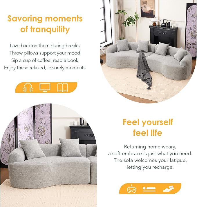 110.2" Curved Sectional Sofa,Luxury Wood Grain Chenille Fabric, Oversized Sectional Sofa,Compression Curved Couch for Living Room,No Assembly Needed (Grey, 110.2 Inch)