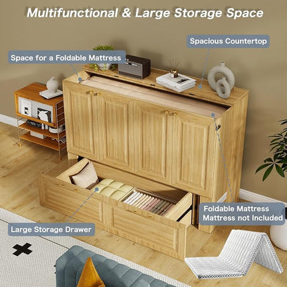 Full Murphy Bed Cabinet: Oak Cabinet Bed with Charging Station, Cube Murphy Beds with Drawers, Modern Hidden Beds for Small Spaces, Guest Room and Office