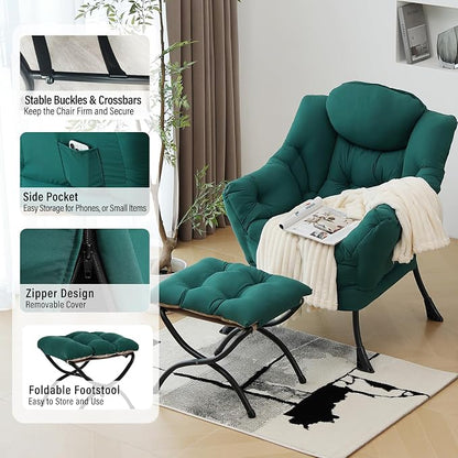 Furlide Lazy Chair with Ottoman, Modern Accent Chair with Armrests and a Side Pocket, Dark Green Accent Chairs, Reading Chairs, Oversized Armchairs for Bedroom, Study, Living Room, Courtyard