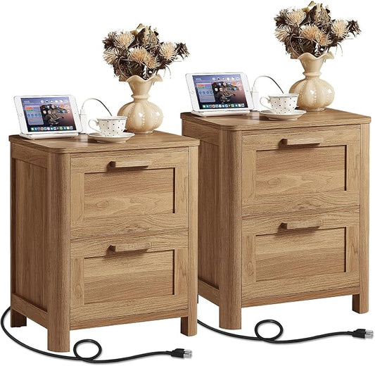 Joaxswe Farmhouse Nightstand Set of 2 with Charging Station, End Tables Bedroom with 2 Large Drawers & 4 Thickened Table Legs, Brown