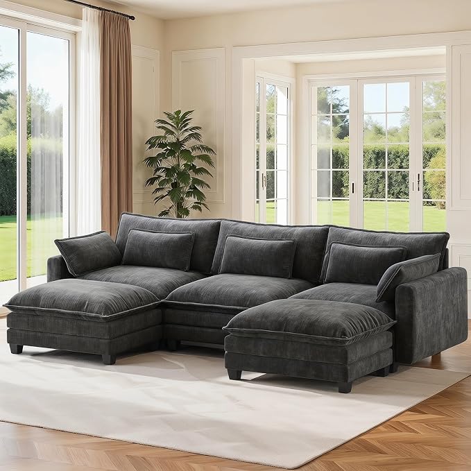 Pipishell 110.6" Modular Sectional Sofa, U Shaped Cloud Couch with Movable Ottoman, 5-Seat Chenille Deep Seat Cloud Modular Sectional Sofa with Throw Pillows for Living Room & Apartment, Grey