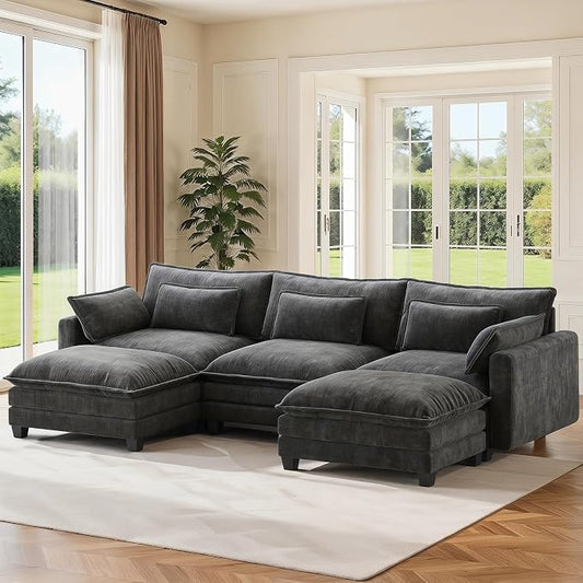 Pipishell 110.6" Modular Sectional Sofa, U Shaped Cloud Couch with Movable Ottoman, 5-Seat Chenille Deep Seat Cloud Modular Sectional Sofa with Throw Pillows for Living Room & Apartment, Grey