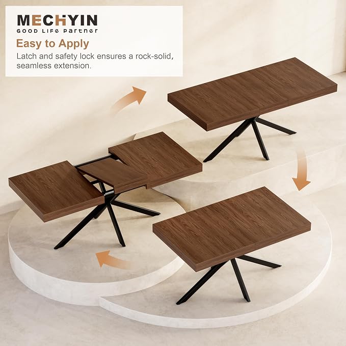 MECHYIN Extendable Dining Room Table for 4-6-8, 55''-70.9'' Wood Rectangle Expandable Dining Table with Hidden Storage, Space Saving Farmhouse Kitchen Table for Dining Room Kitchen Office,Walnut