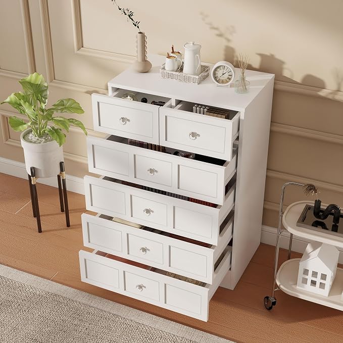 6 Drawer Dresser for Bedroom: 24" White Wide Tall Dressers for Bedroom, Modern Fluted Dresser with Deep Drawers, Wooden Chest of Drawers for Living Room