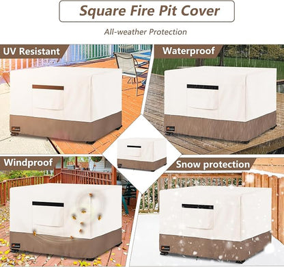 Fire Pit Cover Square, Outdoor Heavy Duty Durable 600D 100% Waterproof Tear-Resistant 42-44 Inch Fire Pit Cover, Patio Fire Pit Table Covers, Beige 44" L x 44" W x 24" H
