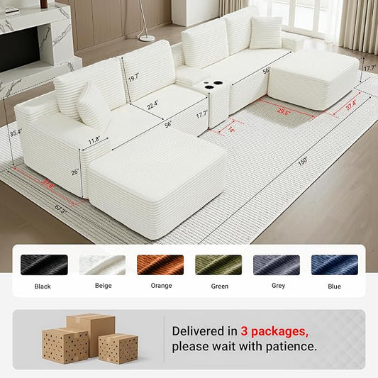 ivoros 150 Inch Modular Sectional Sofa Couch, Oversized Modern Cloud Couch for Living Room, U Shape Couches with 2 Ottomans, USB Ports and Cup Holders, Beige Corduroy Boneless Sofas,Sofa in a Box