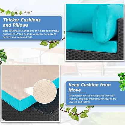 7 Piece Outdoor Patio Furniture Set,Black PE Rattan Wicker Sectional Sofa, All Weather Conversation Set with Washable Cushions & Glass Coffee Table for Backyard Poolside Garden Porch,Blue