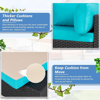 Patio Furniture Sets, 5 Piece Outdoor Sectional Sofas, Wicker Rattan Outdoor Furniture Patio Conversation Set, All-Weather PE Rattan Outdoor Couch for Backyard, Garden, Black & Blue
