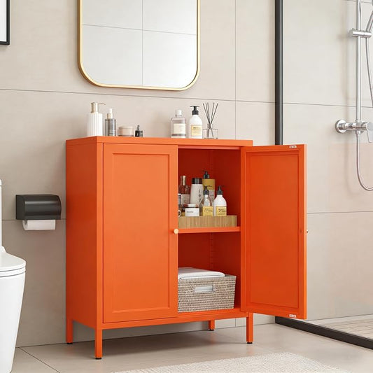 Metal Accent Storage Cabinet for Bedroom, LivingRoom, Office,Kitchen- Metal Locker Cabinet with 1 Adjustable Shelves-Bathroom Floor Storage Cabinet Freestanding Organizer (Square Door, orange)