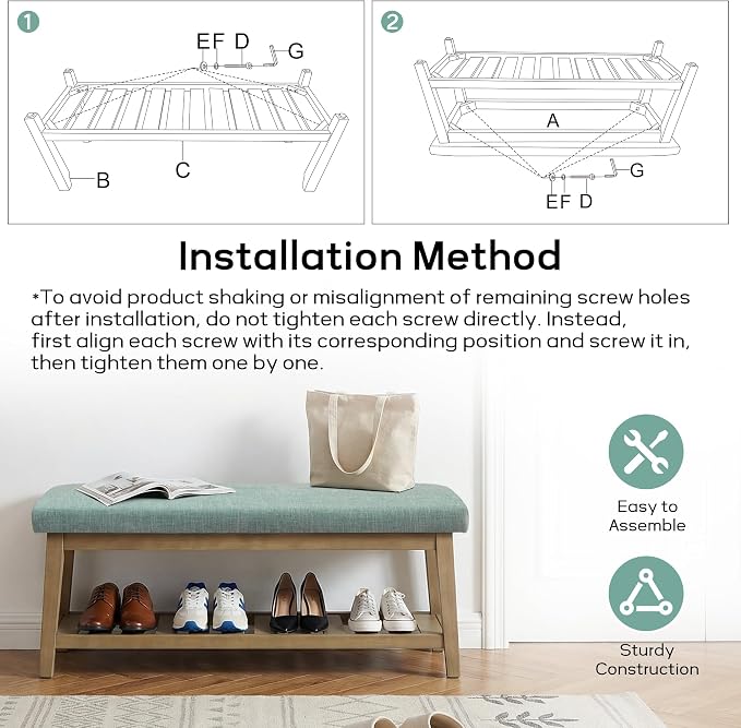 Entryway Bench with Cushion, Upholstered Shoe Rack Bench with Solid Wood Shelf, 44" End of Bed Bench for Bedroom, Chenille Fabric Storage Bench for Entryway, Hallway, Living Room (Teal)