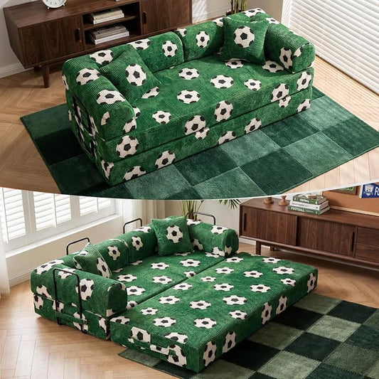 79" World Cup Soccer Sofa Bed, Green Soccer Ball Corduroy Convertible Couch, Foldable Sleeper Futon Floor Sofa for Game Day Watch Parties, Removable Machine-Washable Cover, 2 Pillows