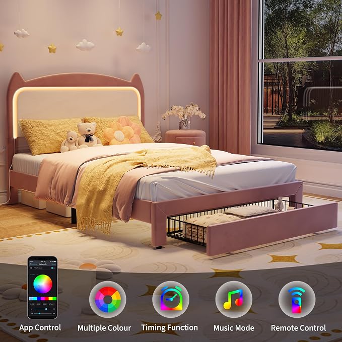 Garvee Full Upholstered LED Bed Frame with Storage Drawer & Cute Cat Headboard, Velvet Princess Platform Bed Frame with Sturdy Wood Slats Support for Girls/Kids, No Box Spring Needed, Pink