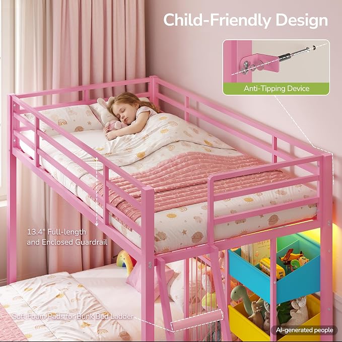 Hasuit Bunk Bed Twin Over Twin Size with Large Toy Storage Organizer and 3 Bins, Twin Bunk Beds with LED Lights, Metal L-Shaped Loft Bed with 13.4" H Safety Guardrail & Ladder, for Kids & Teens, Pink