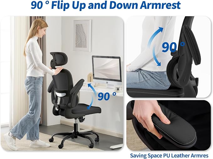 TRALT Ergonomic Office Chair - Desk Chair with Adjustable Headrest Lumbar Support Computer Chair - Mesh Comfy Chair with Flip-up Armrests - Gaming Chair for Adults Home Office PU, Black, Pack of 2